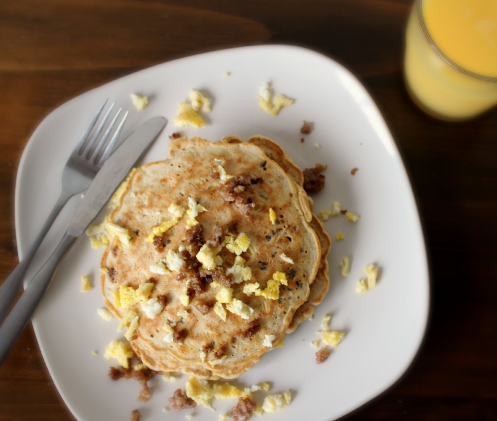 Pancakes, sausage, eggs