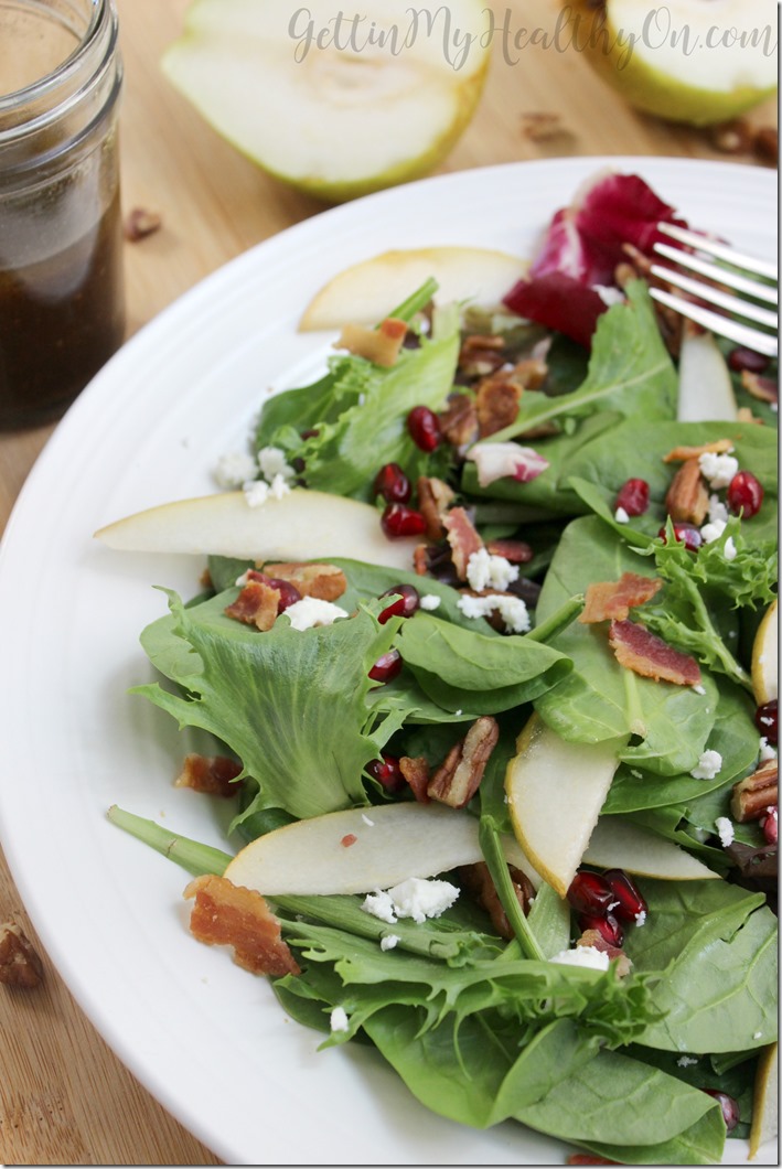 Pear Bacon Goat Cheese Salad with Homemade Maple Balsamic Vinaigrette