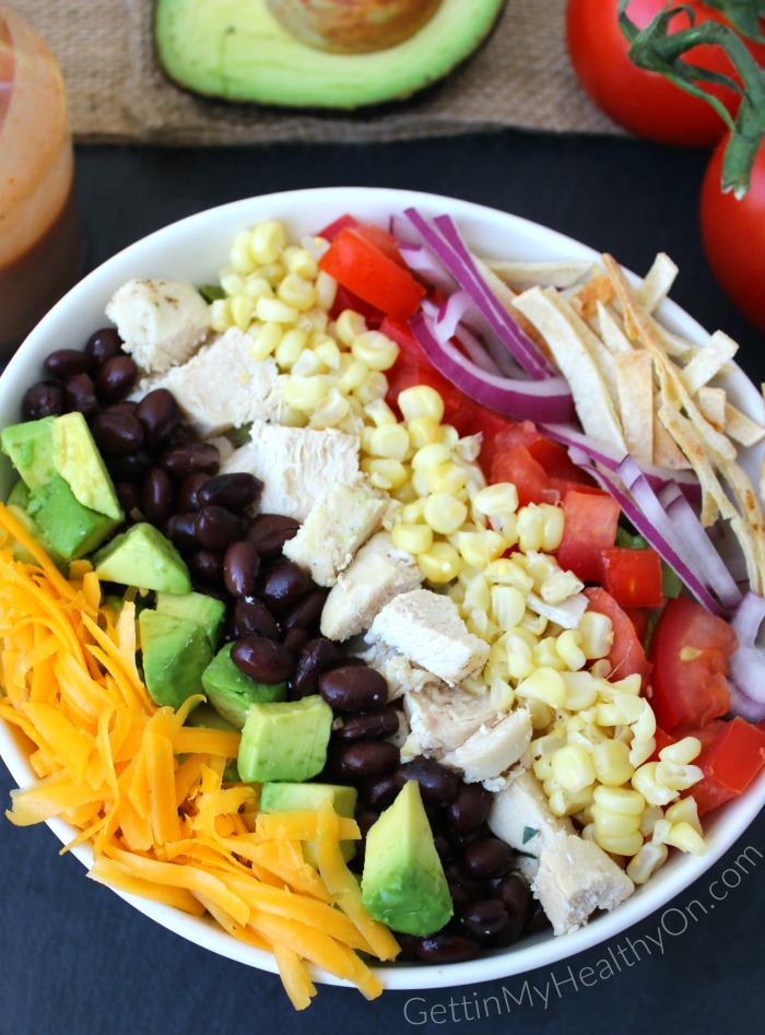 BBQ Chicken Salad with Corn, Black Beans, Avocado, and Tomato